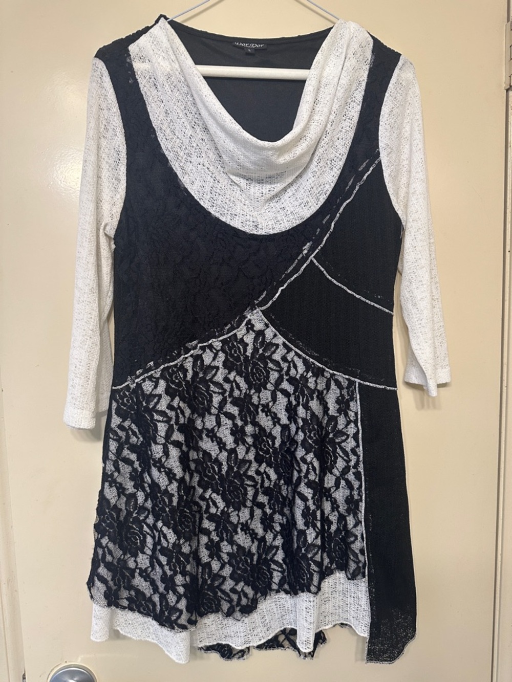 Lace-Panel Black and White Cowl Neck Tunic - Ladies